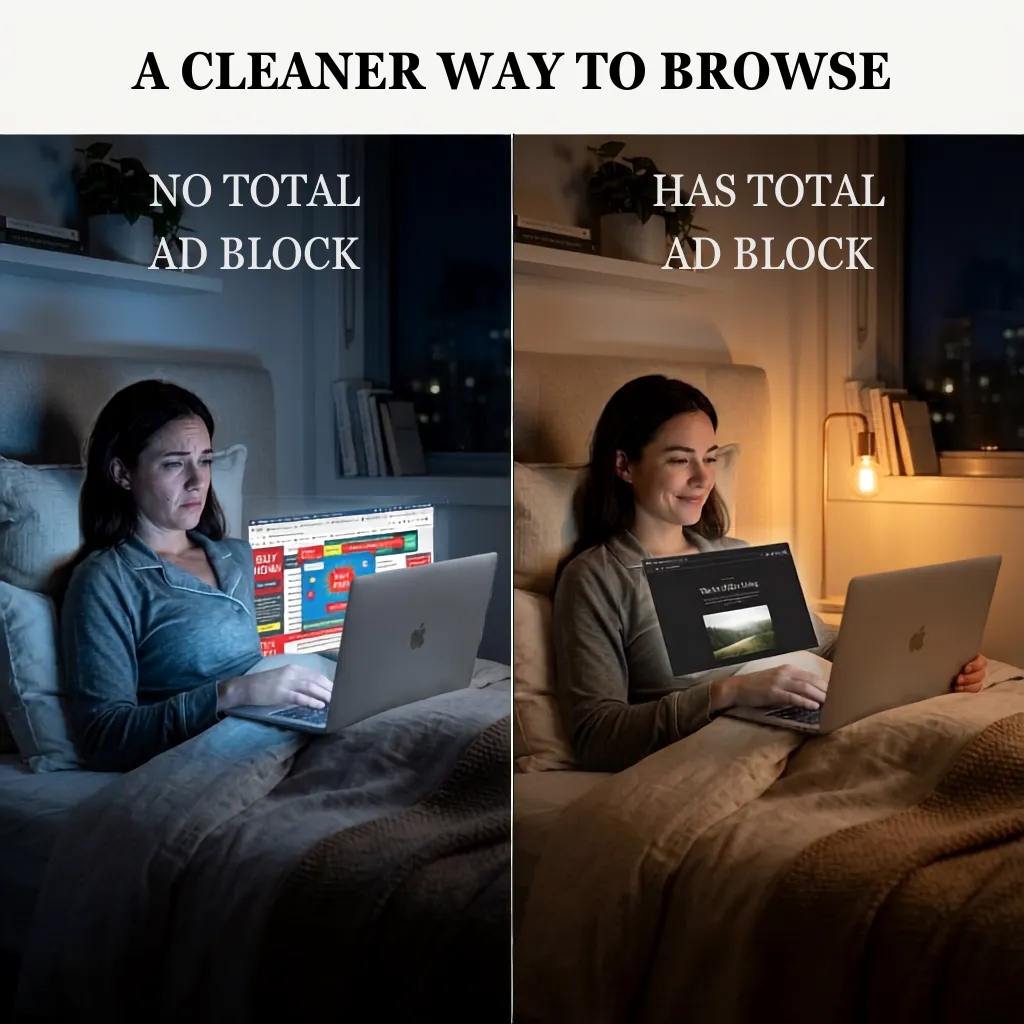 Side-by-side comparison: on the left, a person looks frustrated reading a laptop screen cluttered with ad banners, labeled 'No Total Adblock'; on the right, the same person relaxed while reading a clean, ad-free page, labeled 'Has Total Adblock'